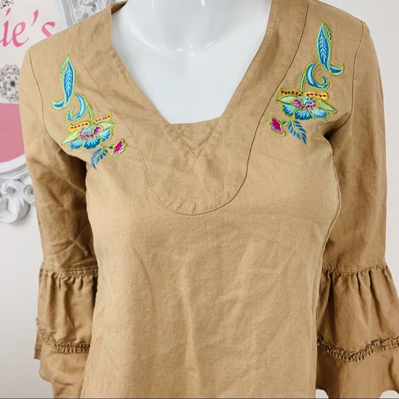 Oilily / Tan Embroider Floral Bell Sleeve V Neck - Picture 2 of 8